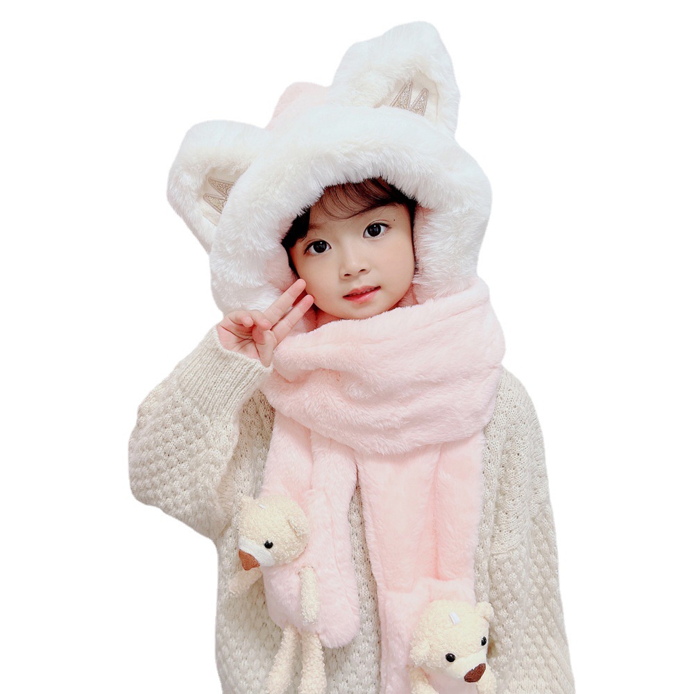Baby Hat Autumn And Winter Bear Children's Hat Scarf Gloves One Girl Cute Baby Warm Pullover Hat Item Picture
