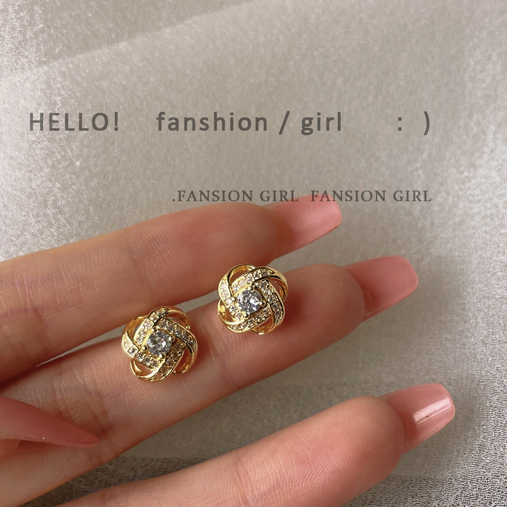Micro-inlaid zircon 925 silver needle plated with 14K spiral knot stud earrings for women, Japanese and Korean ins simple and elegant mini earrings Specification image