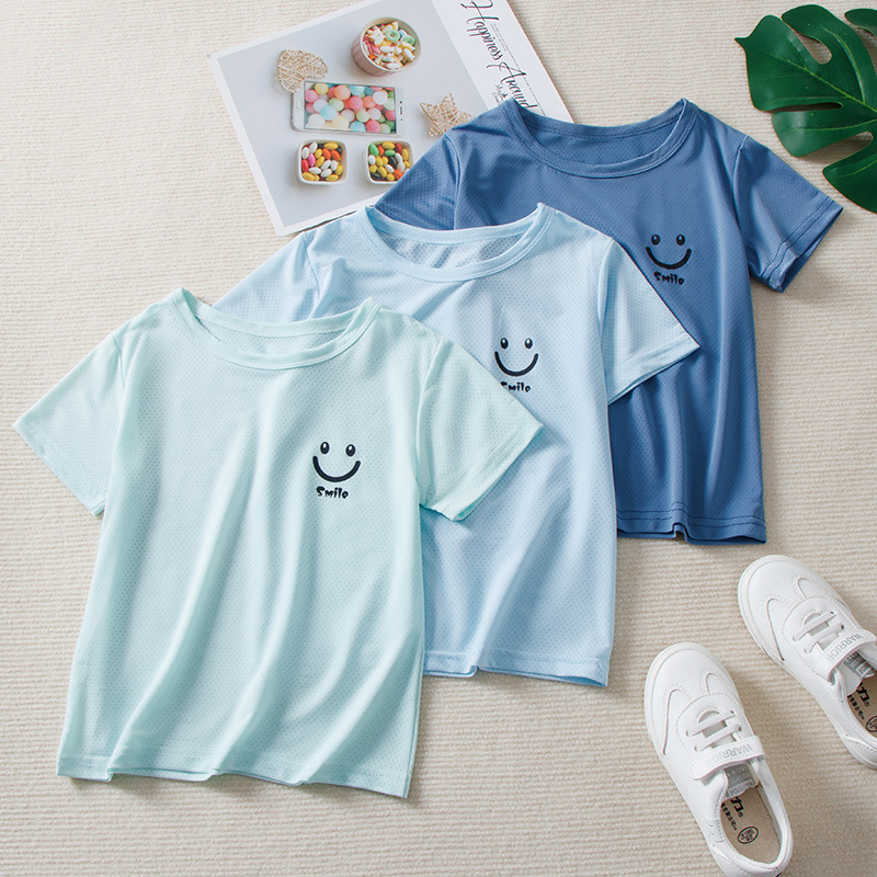 Children's ice silk T-shirt, breathable mesh, small children's short-sleeved smiley face style, baby half-sleeved T-shirt base layer, children's summer clothing details Picture