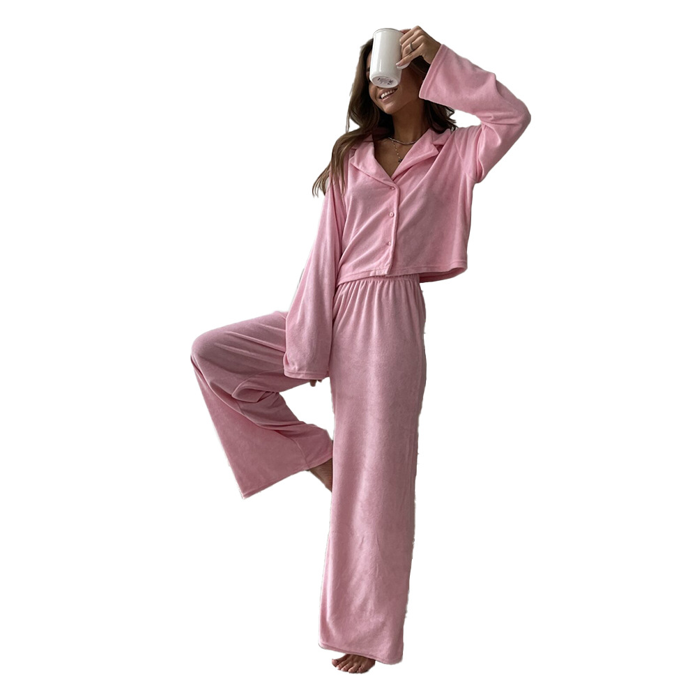 Cross-border pink fleece long-sleeved and long pants pajama set, European and American autumn and winter new cardigan pajamas, comfortable home wear for women Item Picture