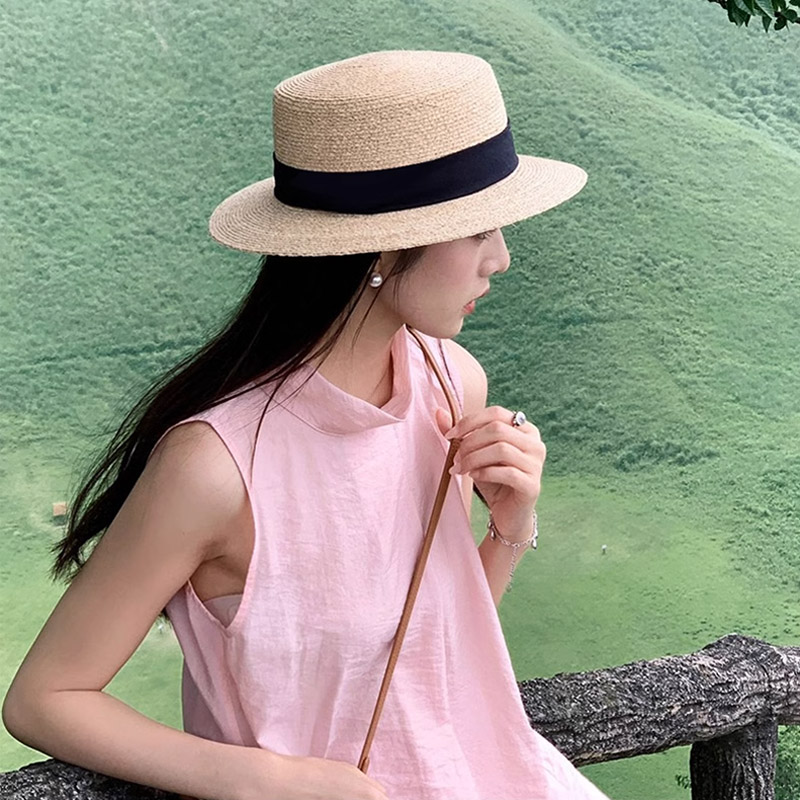 2025 French flat-topped straw hat for women, large-sized knitted top hat with a flat brim and a seaside beach vacation Specification image