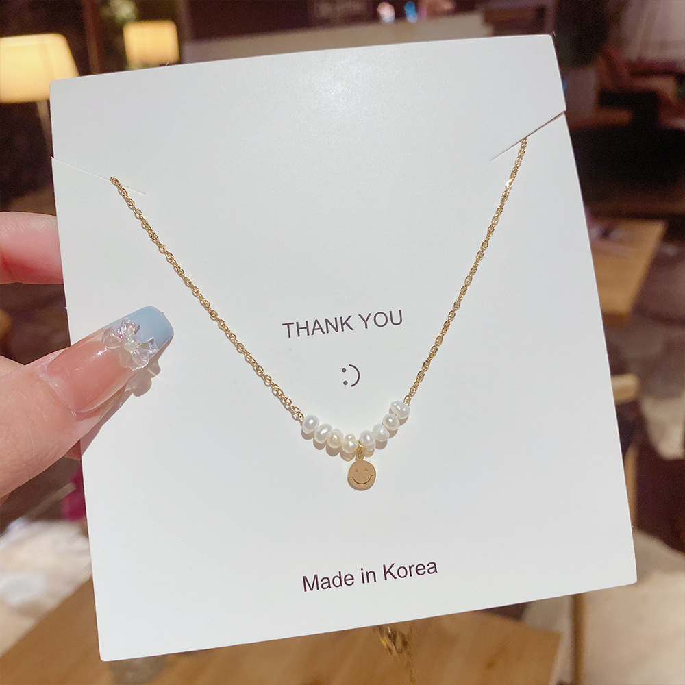French Sweet Temperament Pearl Necklace Female Niche Design Smiley Face Pendant Choker 2024 New Collarbone Chain Specification drawing