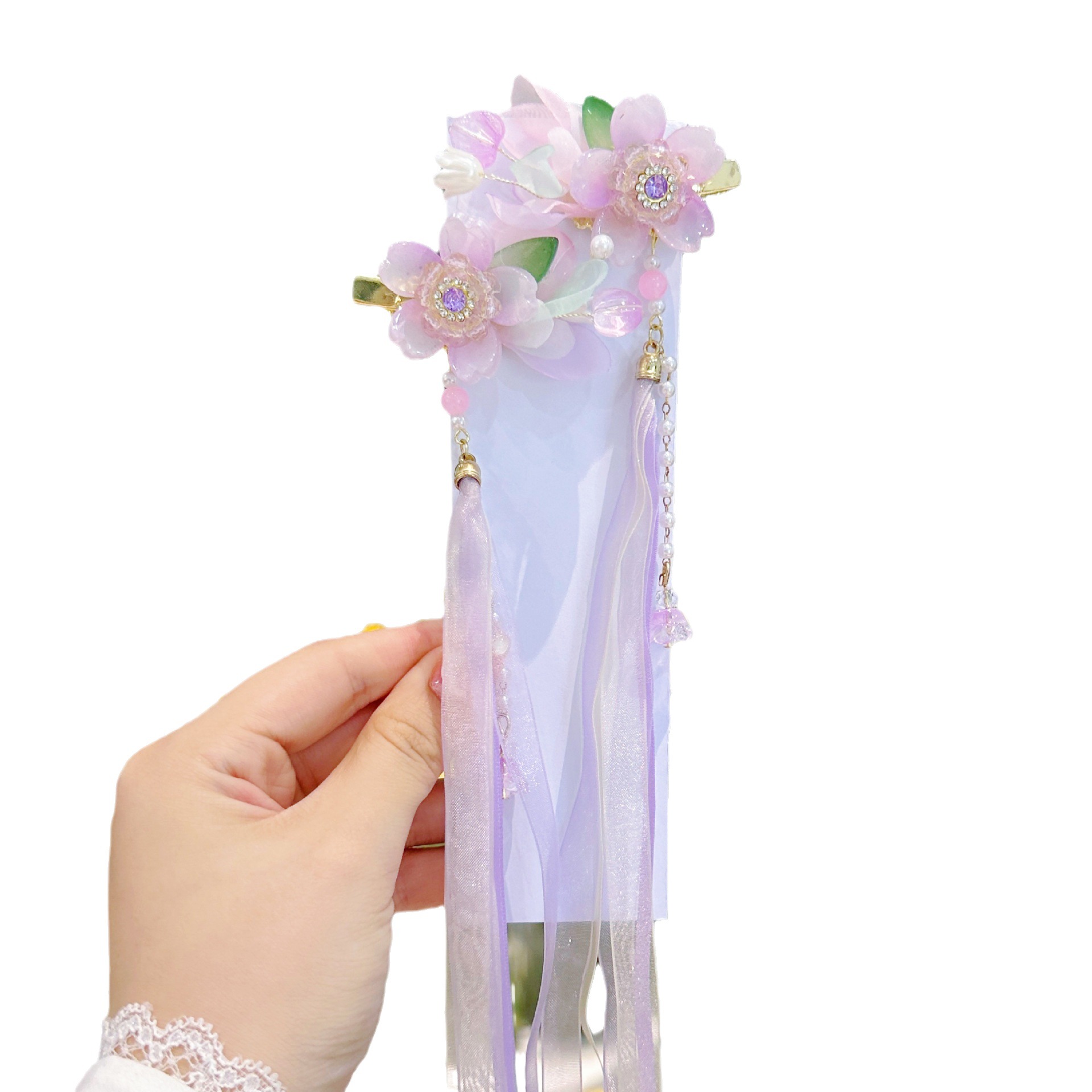 Children's Hair Clip Chinese Style Flower Ribbon Hanfu Clip Delicate Rhinestone Bow Ancient Style Hair Accessories For Girls And Children Item Picture
