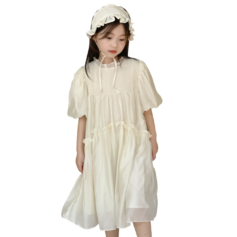 Flower and Girl Search Summer Dress, British-style lace collar solid color fashionable dress, girl's little girl puffed sleeve princess dress details Picture