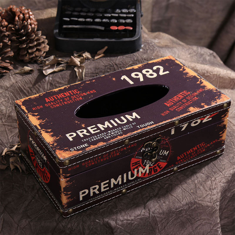 American country style wood leather tissue box