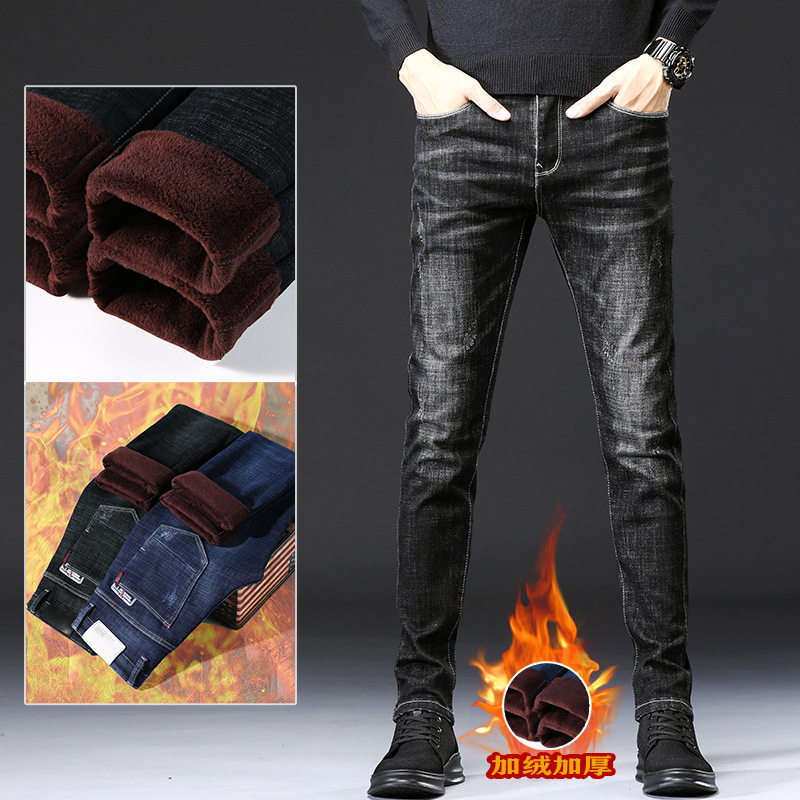 Fleece jeans for men, 2022 new autumn and winter men's slimming skinny pants, warm thickened stretch long pants for men details Picture