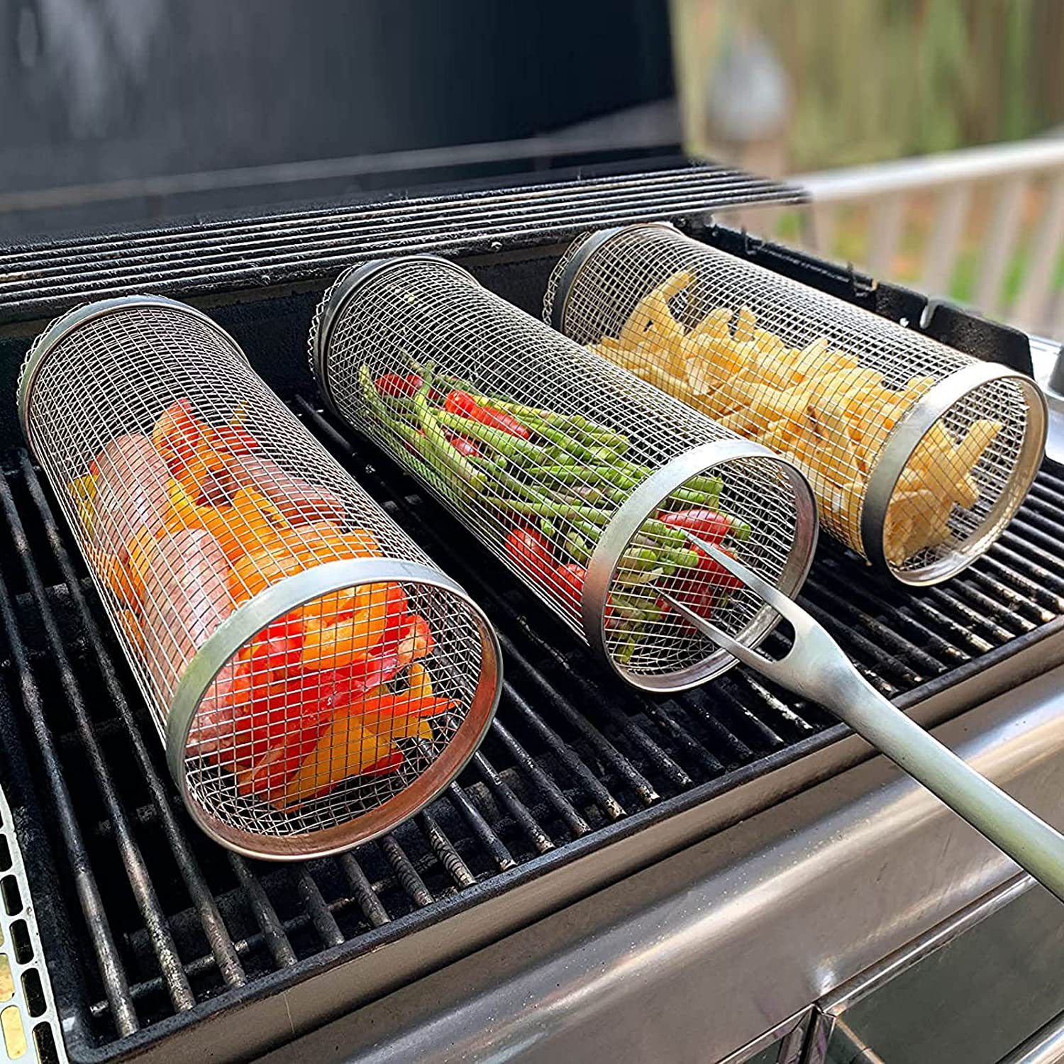 Amazon BBQ Cage BBQ Grill Stove Cylinder BBQ Basket Net Rolling BBQ Tool 304 Stainless steel Zibo clip