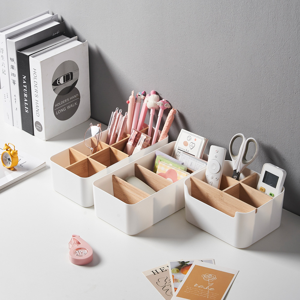 Desktop Storage Box Bamboo And Wood Cosmetics Storage Basket Remote Control Board Storage Box Debris Storage Basket Living Room Coffee Table Storage details Picture