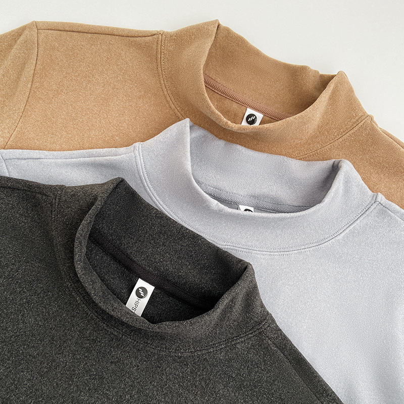 A semi-high-neck base layer shirt for men, paired with a versatile and warm 2024 autumn new style solid-color German velvet long-sleeved T-shirt details Picture