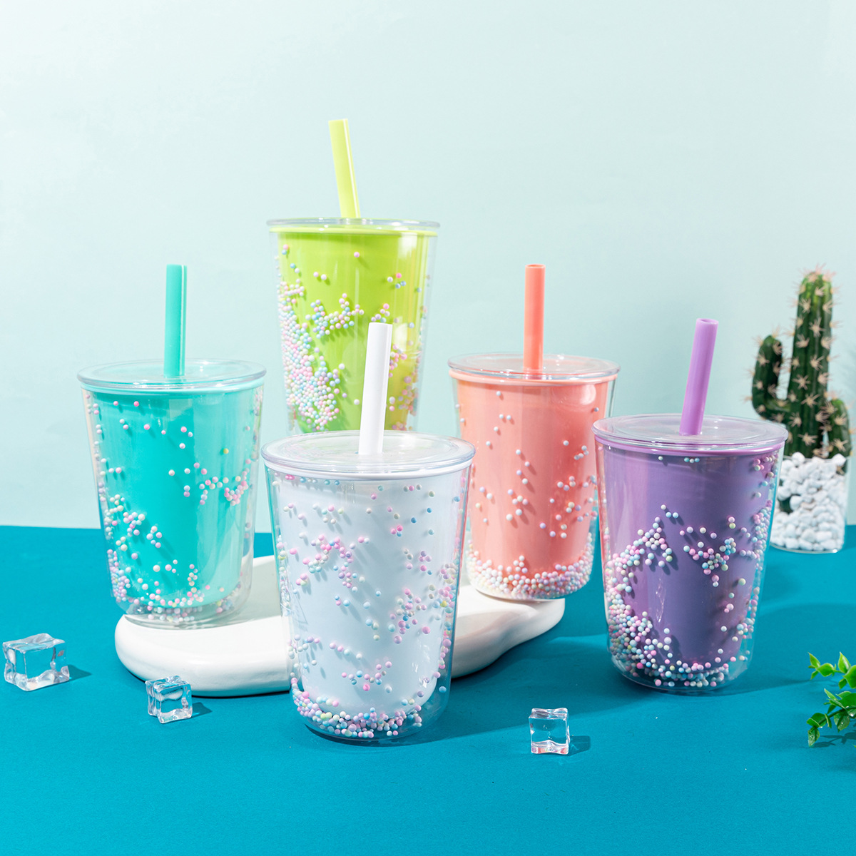 Foreign Trade New Milk Tea Cup Large Capacity Double Plastic Straw Cup Creative Net Red Men And Women Lovers Cup Wholesale
