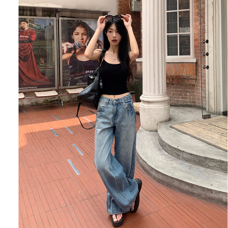 【 Jin Yin 】 Hong Kong-style retro washed blue denim wide-leg pants for women, loose and slimming straight floor-length pants details Picture