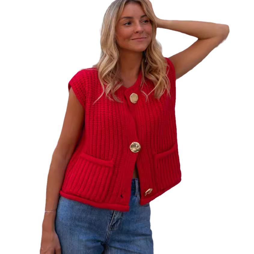 Amazon's new Spring and Autumn 2025 style pocket sleeveless short knitted cardigan, vest, sweater top for women Item Picture