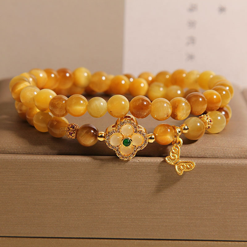 A natural gold tiger's eye double-ring bracelet for women, a light luxury, niche and exquisite four-leaf clover crystal bracelet as a gift for your best friend