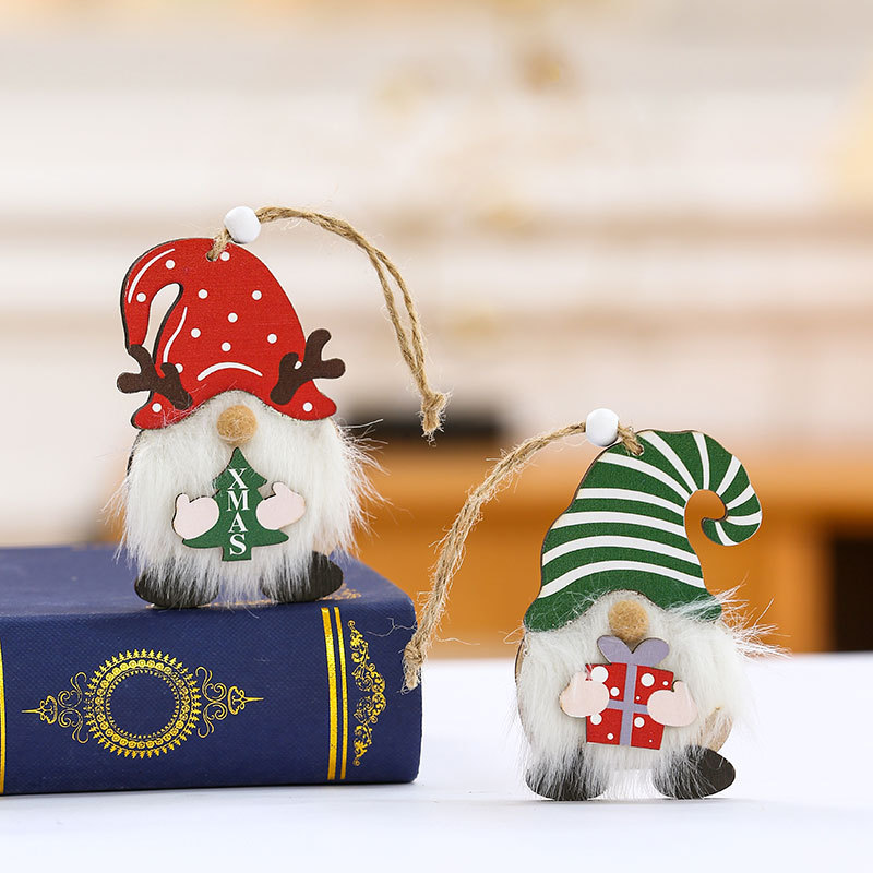 New Christmas Faceless Old Man Wooden Pendant Holding Gifts With Beads Hanging Christmas Tree Small Pendant Decorations Specification drawing