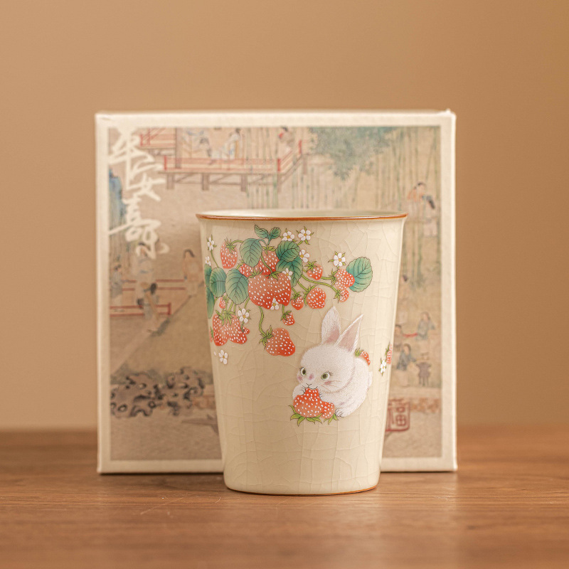 Ru Kiln Strawberry Rabbit Owner Cup, single cup, ladies' personal Special Tea Cup, Portable cup, Large capacity Chinese tea-tasting cup