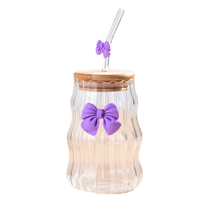 Multi-color bow single-layer cup, high borosilicate glass with bamboo and wood lid, bow straw cup, high appearance level glass cup Item Picture