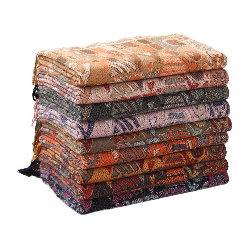 Ethnic Scarf Women's Winter Superior Sense Imitation Cashmere Scarf All Women's Shawl Tassel Vintage Jacquard Scarf Item Picture