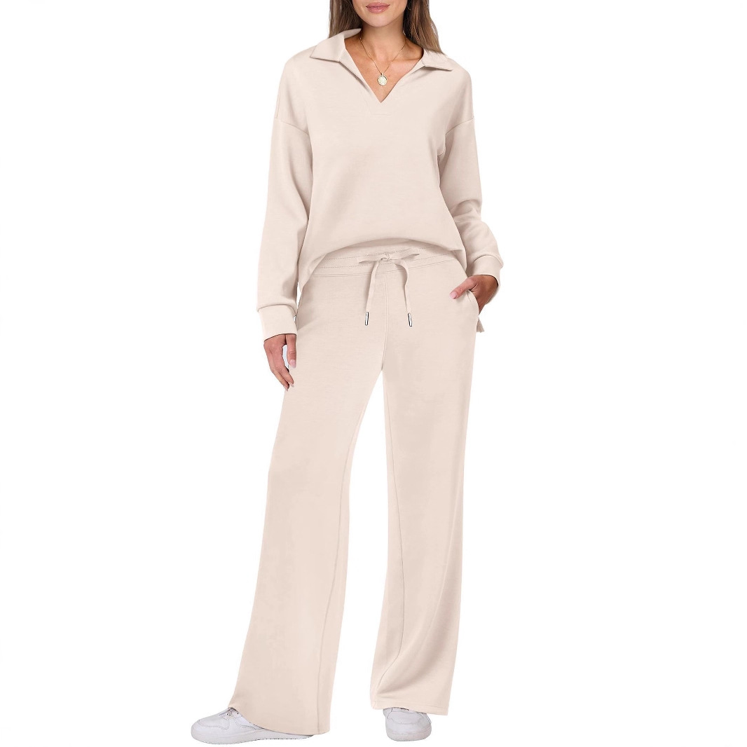 2025 Amazon Europe and America Autumn/Winter New Fashion Casual Women's long-sleeved drawstring Solid color commuter Long Pants Set for women Specification image