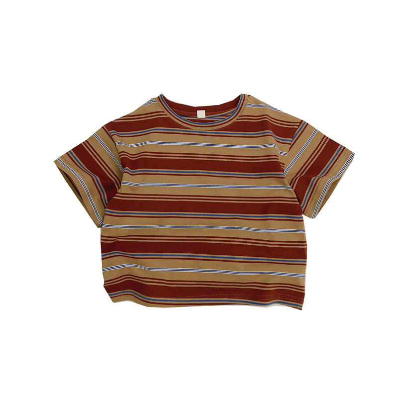 New Korean children's striped T-shirt, summer forest-themed color-blocking short-sleeved top, simple round-neck versatile T-shirt for both boys and girls details Picture