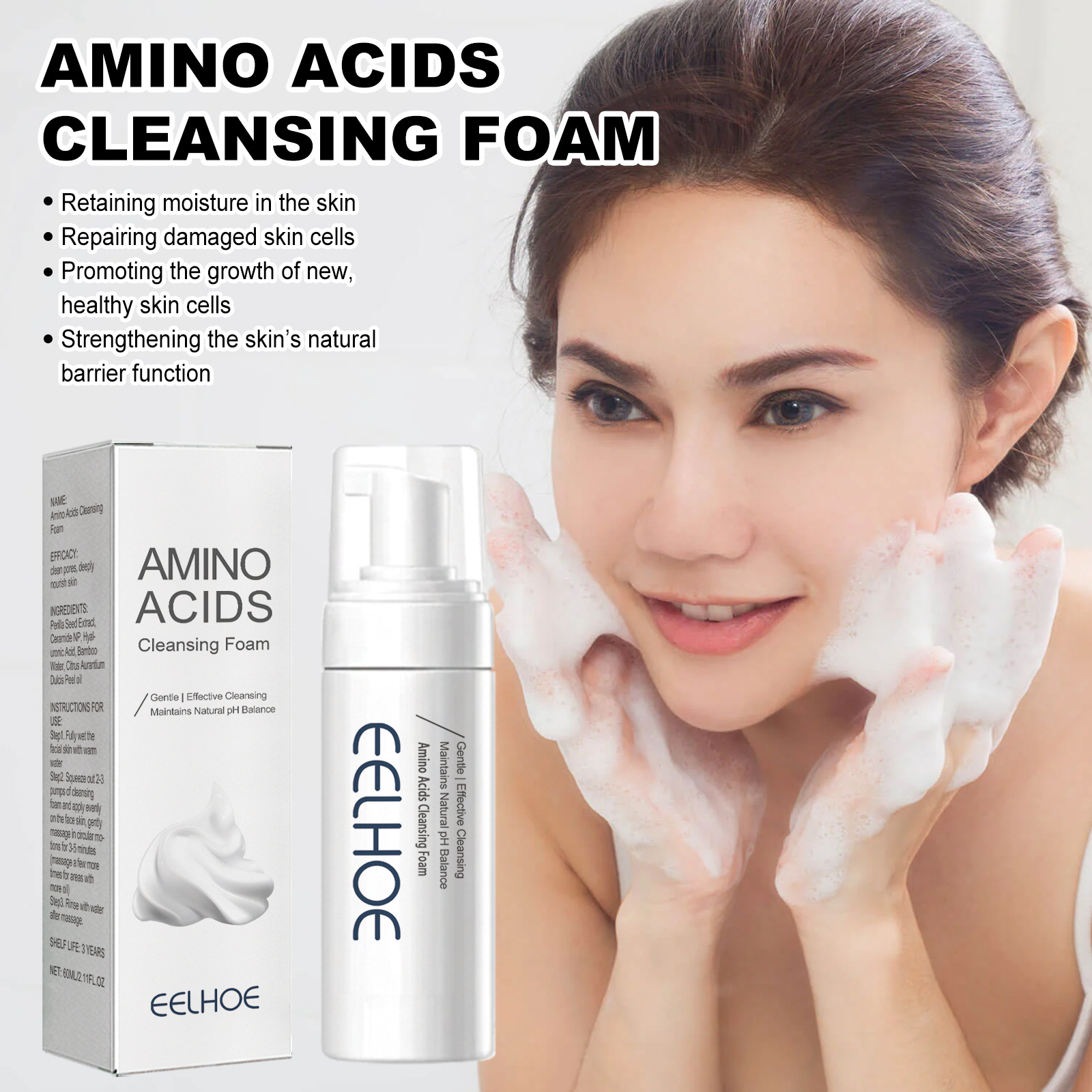 Eelhoe Amino Acid Cleansing Foam Gently Cleanses, Removes Blackheads, Lightens Acne Marks, Moisturizes And Tightens Pores