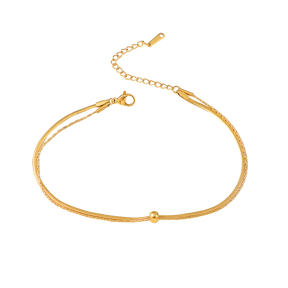 Double-layer snake bone anklets with movable beads, women's titanium steel gold summer new style, versatile and non-fading small gold ball anklets Item Picture