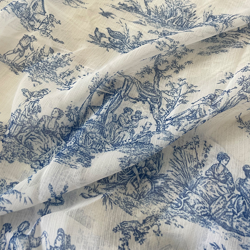 国潮 雪纺皱印花青花瓷法式复古印花布 婚纱面料礼服面料