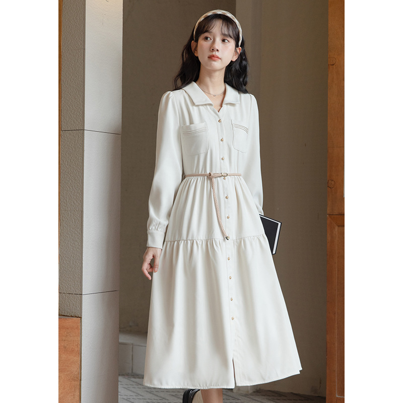 Model's real photo of the 2023 autumn new lapel stylish mid-length commuting dress HUA8481