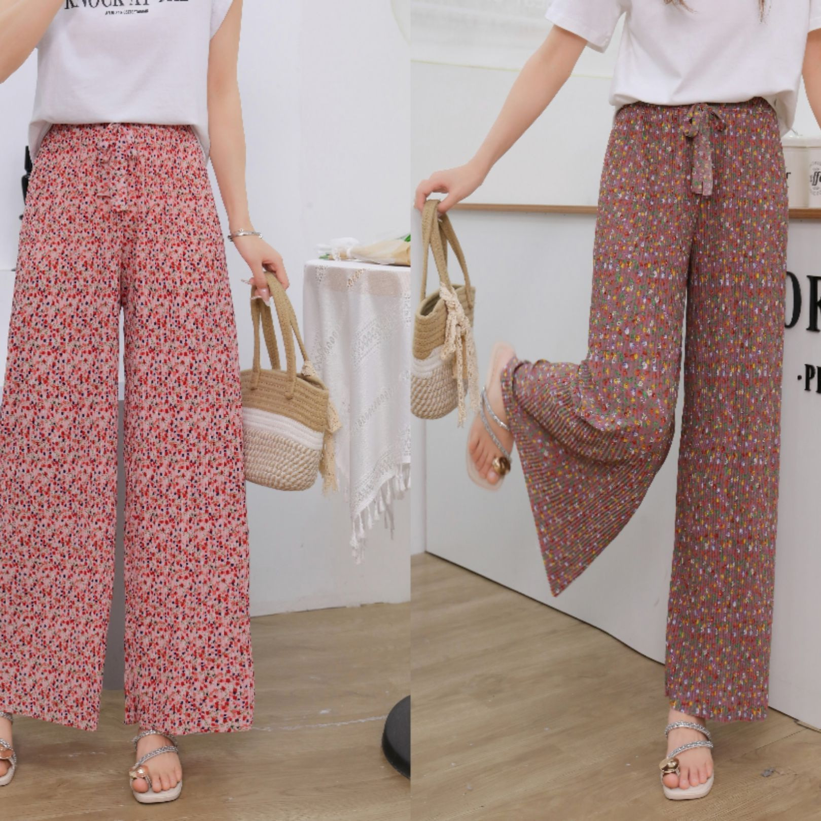 Ice silk pink floral pleated laid-back wide-leg casual sun-protective beach cool pants, summer home stroll casual pants Specification image