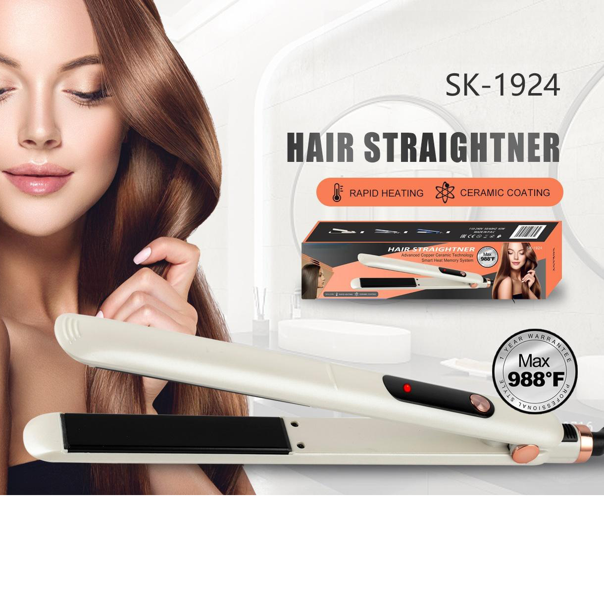 110V Cross-border 1924 hair straightener with LCD display temperature adjustment, ladies' beauty curling iron straightener details Picture