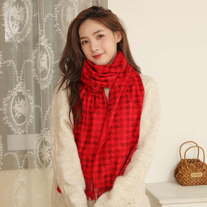 Cashmere Scarf Female Winter Warm Tassel Shawl Male Autumn And Winter Wool Scarf Imitation Cashmere Thousand Bird Check Scarf Wholesale Specification drawing