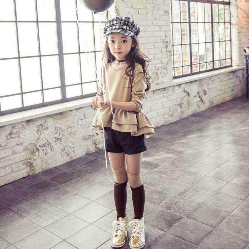 Polainas de primavera y otoño para niñas volantes manga larga ropa de niños versión coreana de algodón versátil falda plisada gran niño camiseta Specification image