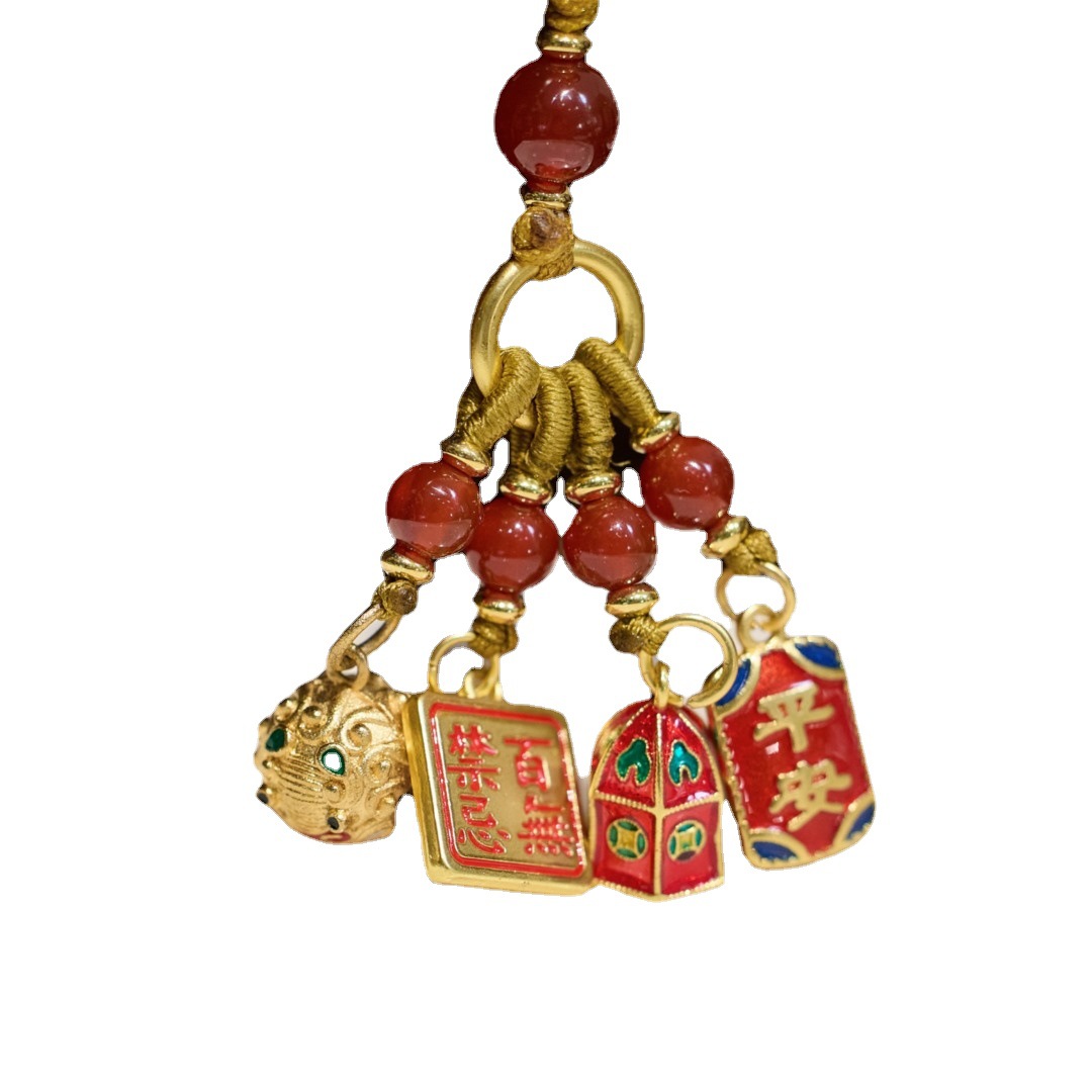 Wholesale of retro enamel brass keychains for wealth, good fortune and blessings, couple bags and small pendants Item Picture