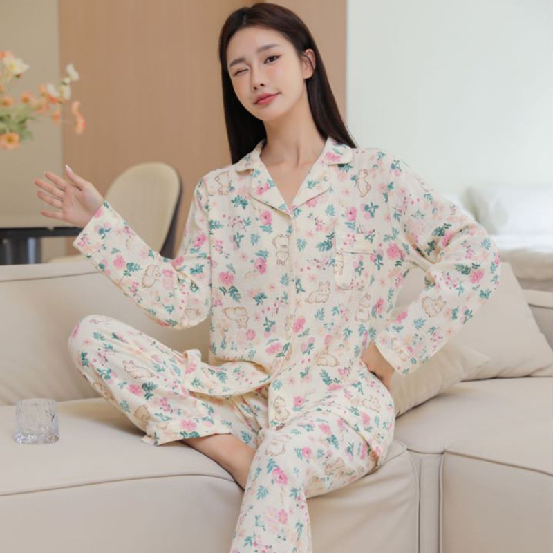 Wholesale cotton yarn pajamas, all-cotton skin-friendly printed loose casual home wear, women's long-sleeved pajamas, women's lapel sets Specification image