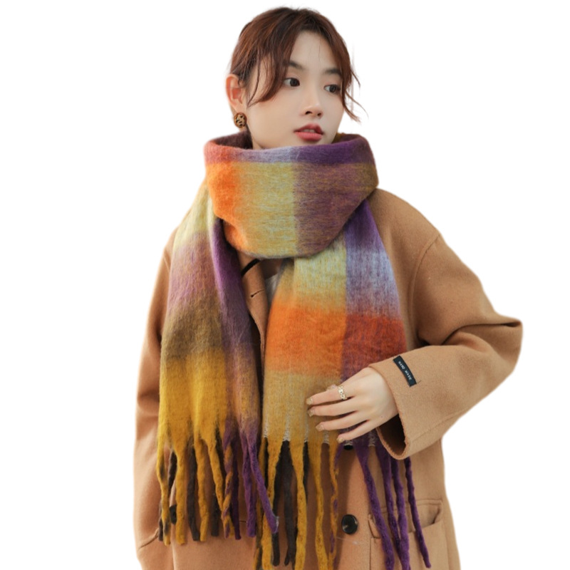 Rainbow Scarf Women's Mohair Warm Couple Shawl Bib Ac Plaid Thickened Color Thick Fringe Scarf Item Picture