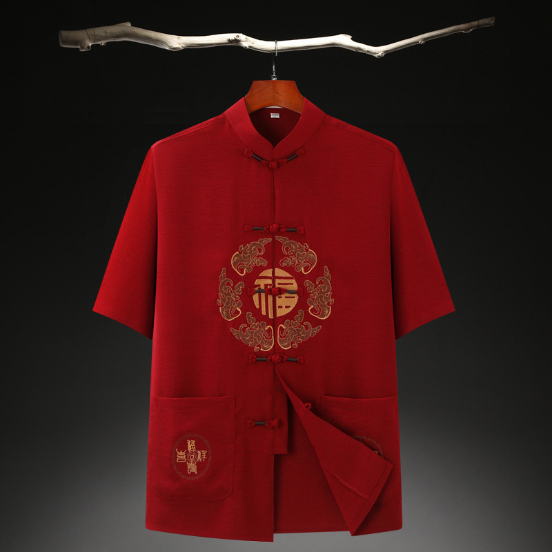 2022 Summer Short Sleeve Cotton Hemp Men Middle-Aged Red Summer Thin Hemp Cotton Leisure Large Size Tang Suit Male Wholesale