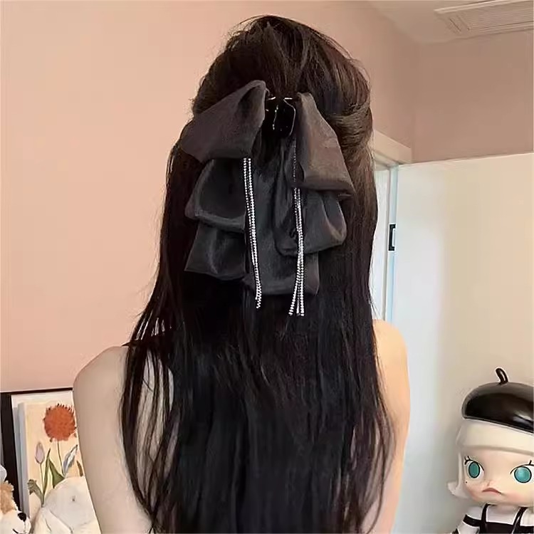 Vintage Fringe Streamer Bow Hair Accessories 2024 New Face Small Back Head Hair Clip Grab Clip Female Shark Clip Specification drawing