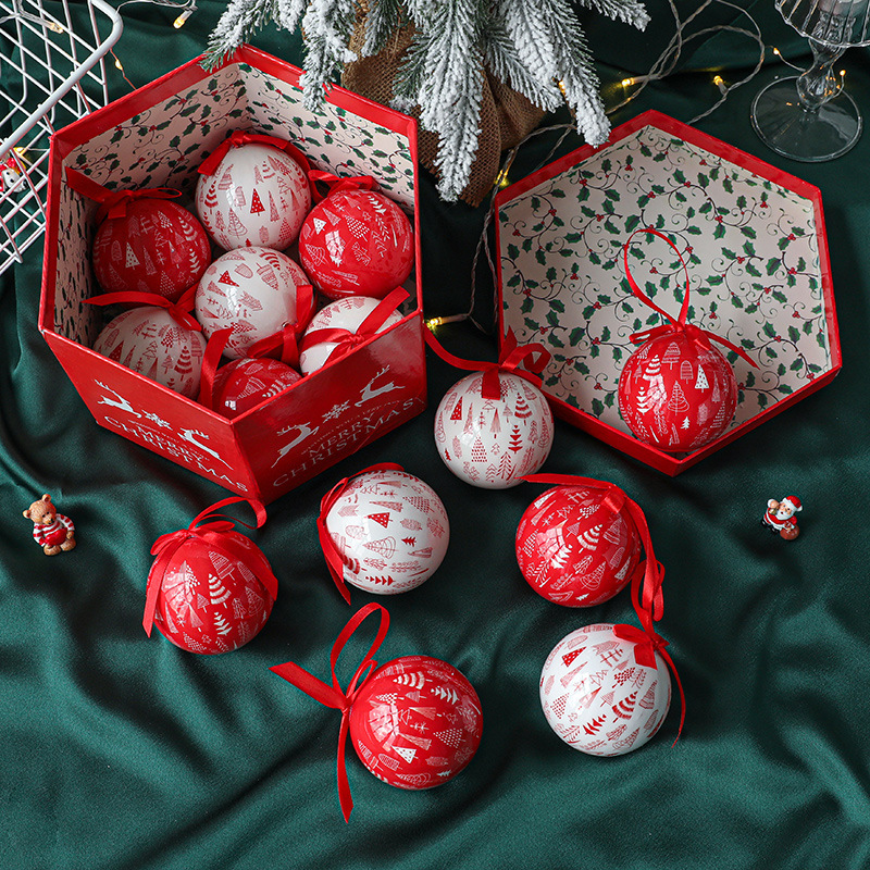 厂家直销可定制圣诞球雪花老人雪人贴纸画泡沫盒装球树挂件装饰品套装8CM