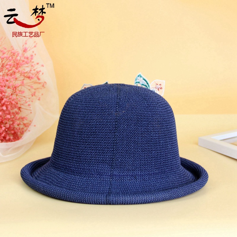 "National trend, ethnic style, ancient style, retro Chinese style, fresh and delicate embroidered hat, breathable round top hat with curled edges, dance stage hat girl. Specification image