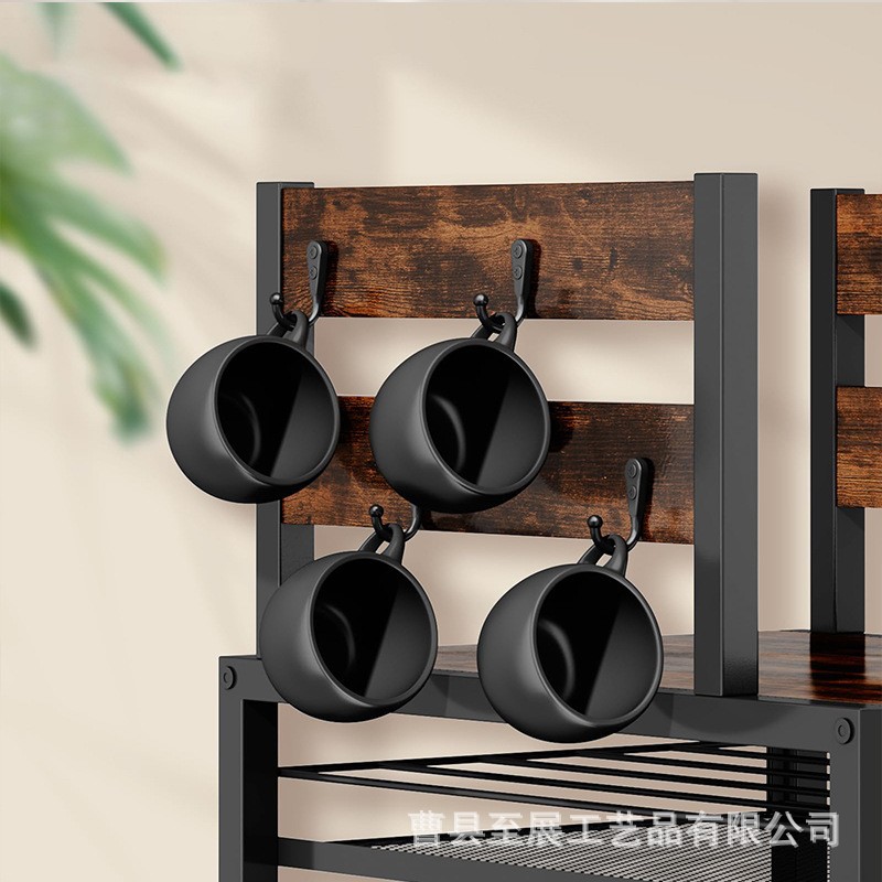 Hierro y madera combinados con café extraíble cápsula rack de almacenamiento con ganchos laterales tazas home coffee maker rack Specification image