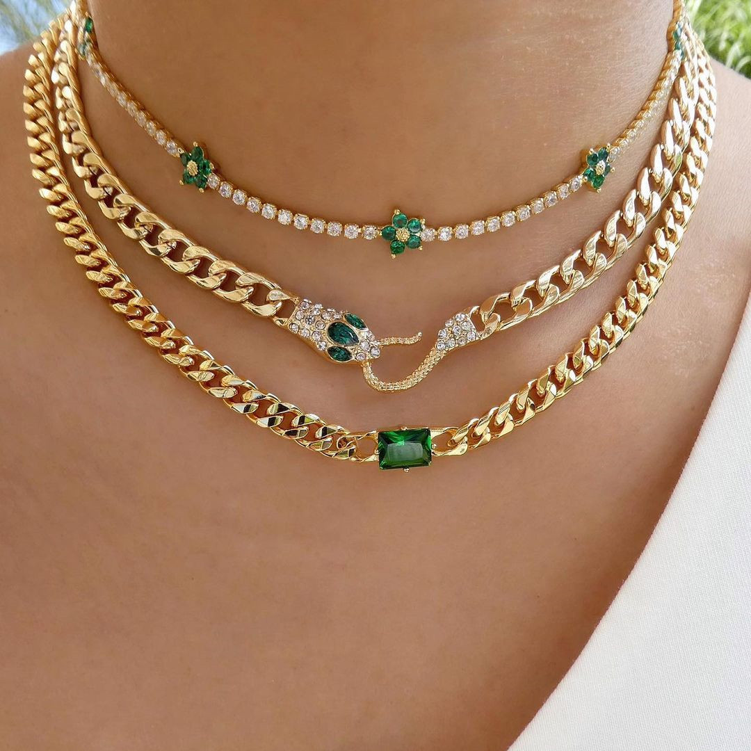 Diamond Cube Cross-border Ins Fashion Retro Necklace, women's European and American accessories collarbone chain, gold-plated light luxury high-end neckchain