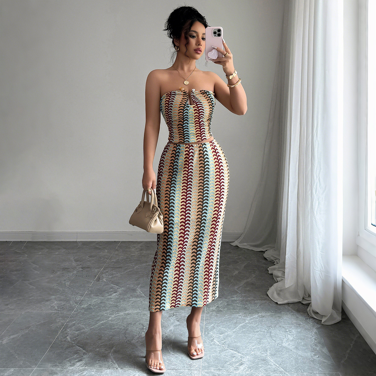 Cross-border European and American elegant strapless top, hip-hugging long dress set for women's clothing 2026 Amazon fashionable and independent details Picture