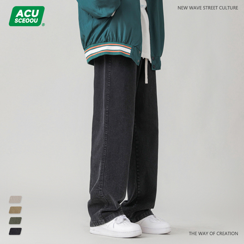 Acu Men's |2023 Autumn New Product Texture Washed Cotton Heavy Tooling American Casual Denim Straight Pants Men Specification drawing