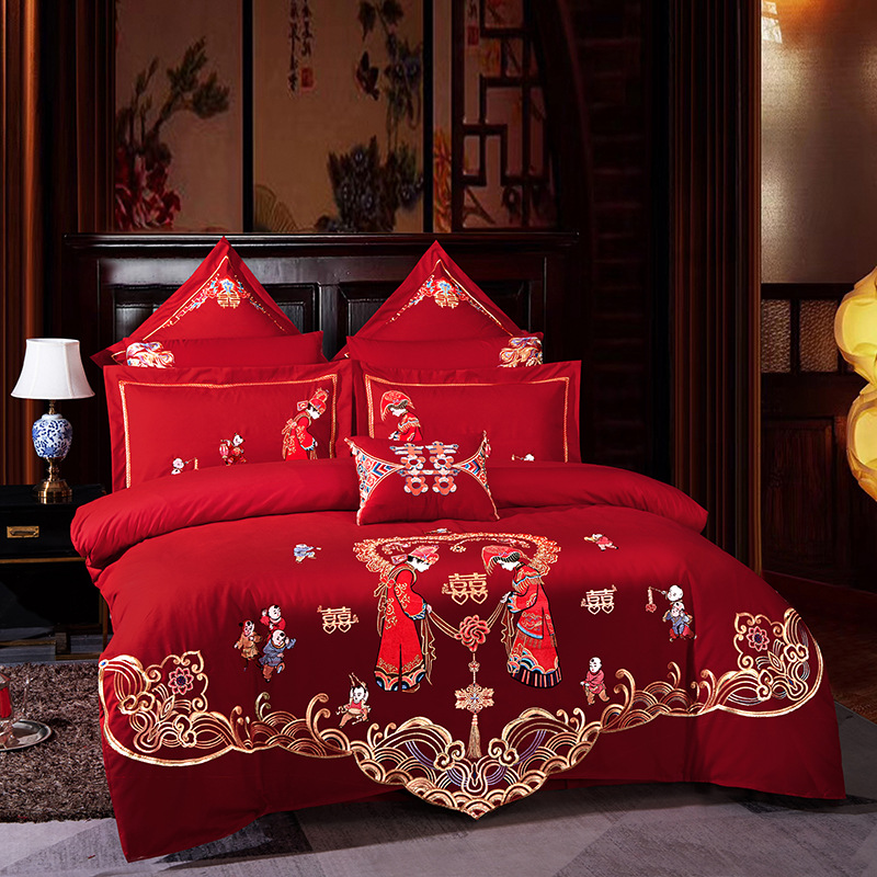 High-end wedding four-piece set of 100 pieces, Chinese red all-cotton embroidered multi-piece set, wedding room bedding consignment Specification image