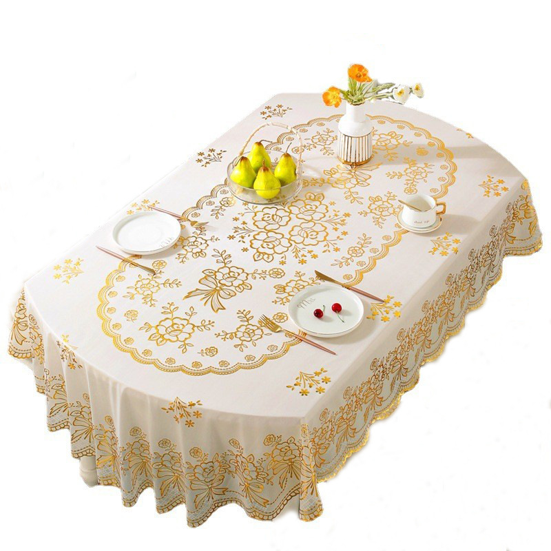 European-Style High-End Oval Table Cloth Waterproof, Oil-Proof And Hot Pvc Washless Household Rectangular Hot Gold Tablecloth Item Picture