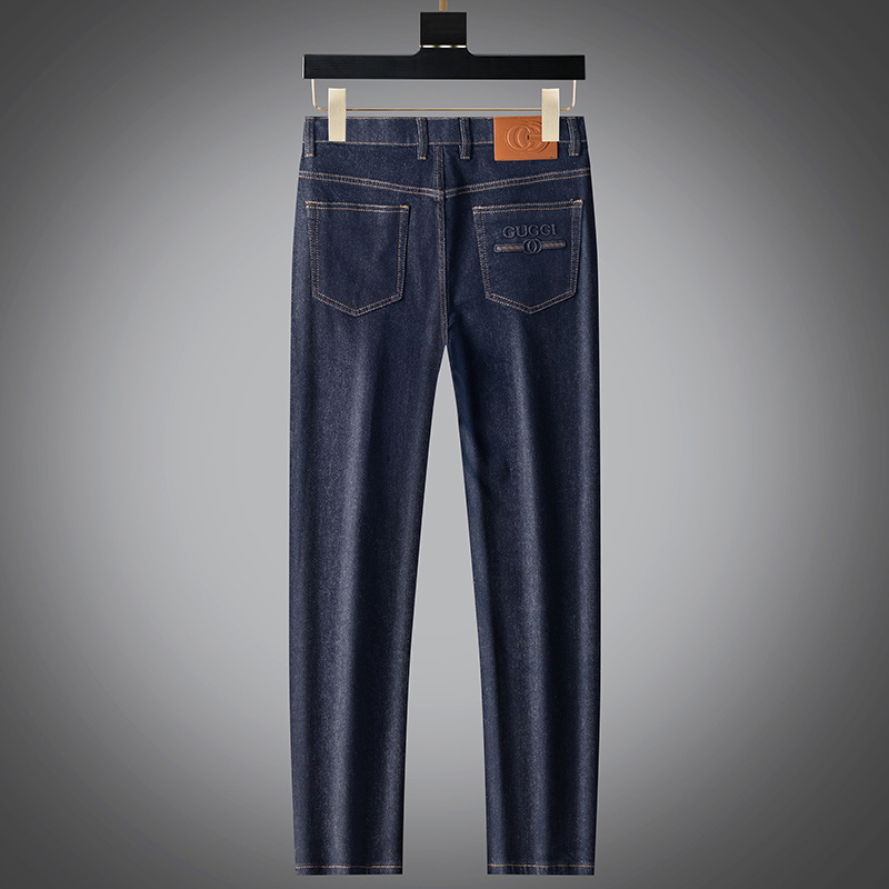 High-end fashion trend brand soft washable blue jeans for men, slim and high-end style, back pocket leather casual pants Specification image