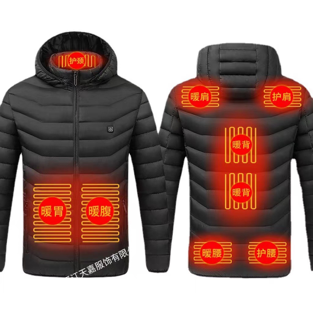 Smart nine-zone heating cotton-padded jacket for men, a cross-border bestseller, factory direct sales. Heated down hooded down cotton-padded jacket and heating suit Application Scenario