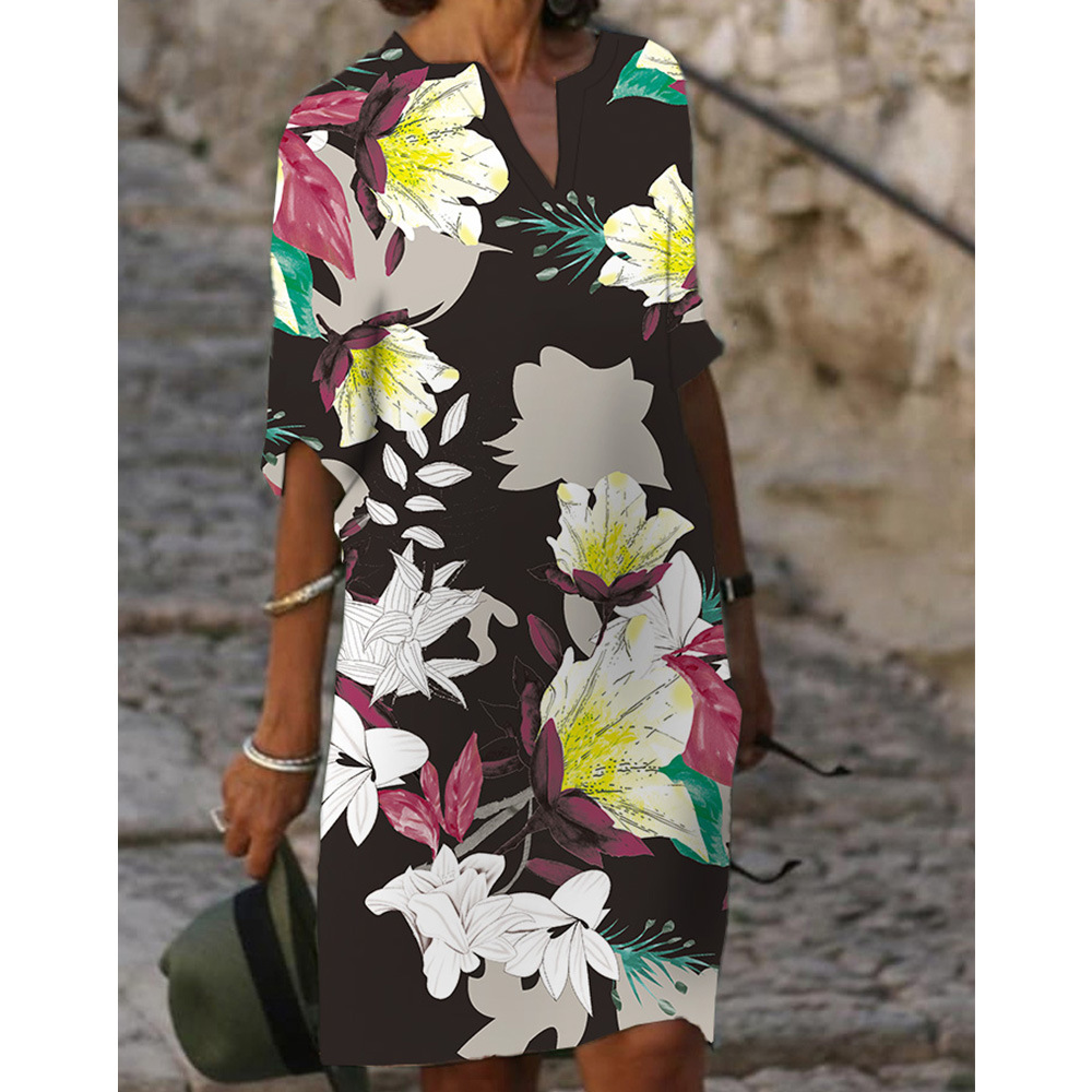 A fresh and basic new women's dress with a V-neck and five-sleeved middle school skirt Specification image