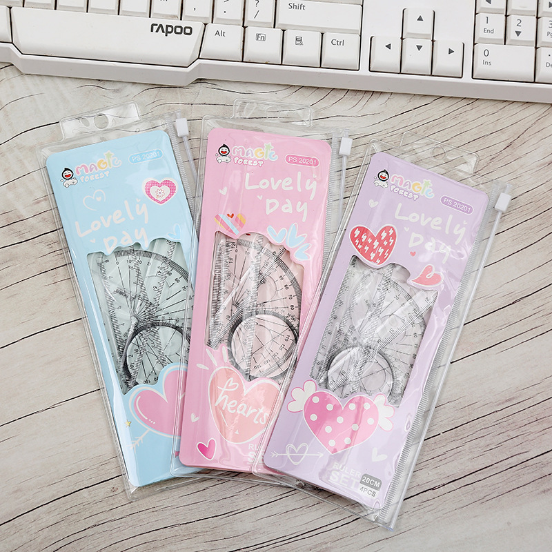 Factory direct sales of new student ruler set, cartoon heart ruler and protractor set, 4-piece set, back-to-school season
