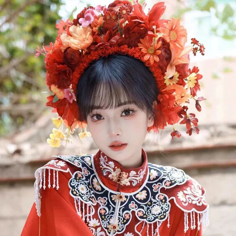 Flower hairpin headwear, flower hairpin headband, silk flower headband, Hanfu accessory, three-dimensional flower wreath, flower encircle, flower headband, photo headwear Specification image