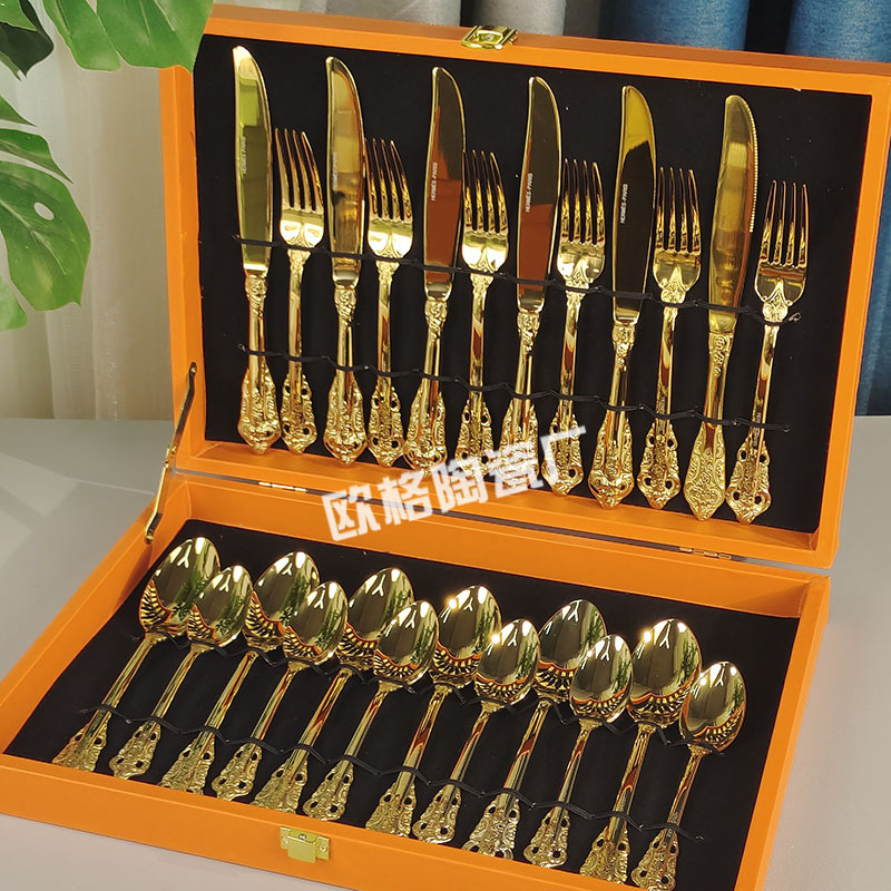 Cross-border thickened stainless steel Western tableware steak plate set, 24-piece knife and fork set, home and hotel steak knife, fork and spoon Specification image